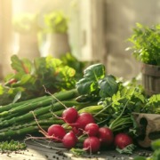 Saisonales Gemuese April Frisches saisonales Gemüse im April mit Spargel, Radieschen und Kräutern auf Holztisch im Sonnenlicht