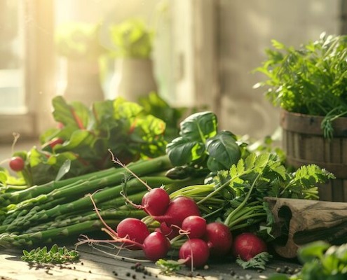 Frisches saisonales Gemüse im April mit Spargel, Radieschen und Kräutern auf Holztisch im Sonnenlicht