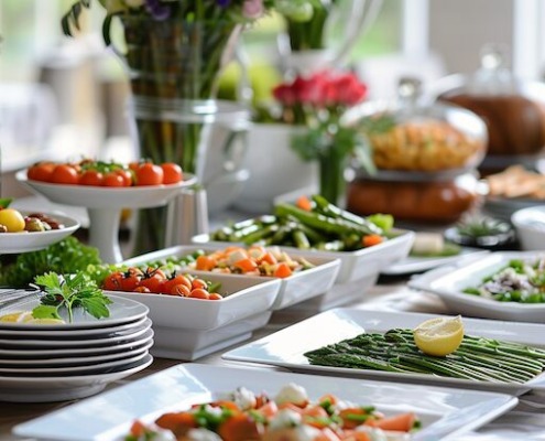 Eleganter Business Lunch mit Spargelgerichten und Frühlings-Catering Buffet im modernen Büro, verschiedene Speisen, natürliches Tageslicht, frische Atmosphäre