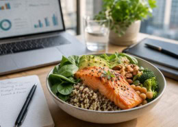 Brainfood-Konzept, gesunde eiweißreiche Mahlzeit auf dem Schreibtisch, Laptop und Notizbuch im Hintergrund, Lachs, Quinoa, grünes Gemüse, Nüsse, weiches natürliches Licht, produktive Stimmung, moderner Büro-Lifestyle
