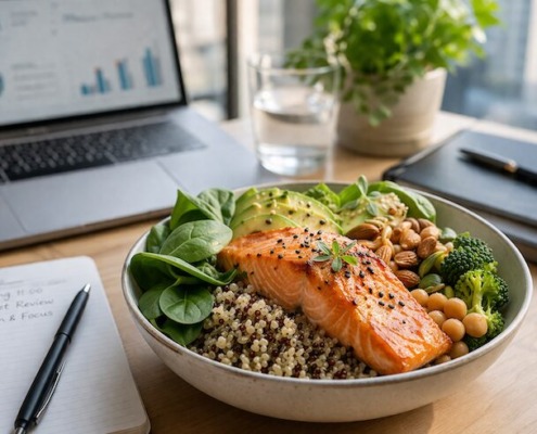 Brainfood-Konzept, gesunde eiweißreiche Mahlzeit auf dem Schreibtisch, Laptop und Notizbuch im Hintergrund, Lachs, Quinoa, grünes Gemüse, Nüsse, weiches natürliches Licht, produktive Stimmung, moderner Büro-Lifestyle