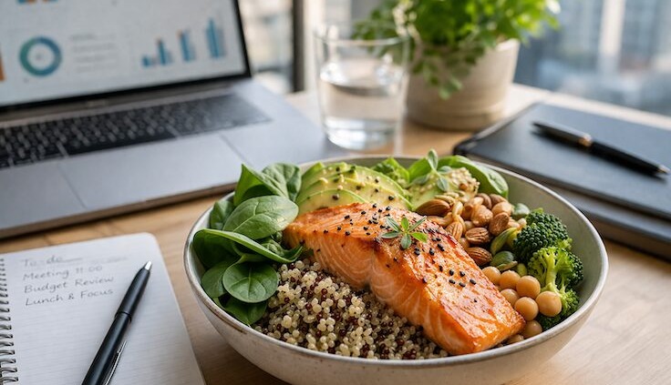 Brainfood-Konzept, gesunde eiweißreiche Mahlzeit auf dem Schreibtisch, Laptop und Notizbuch im Hintergrund, Lachs, Quinoa, grünes Gemüse, Nüsse, weiches natürliches Licht, produktive Stimmung, moderner Büro-Lifestyle