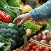 Frische Bio-Lebensmittel auf dem Markt. Hand greift nach frischem Gemüse auf dem Markt mit Zucchini, Brokkoli, Tomaten und Salat