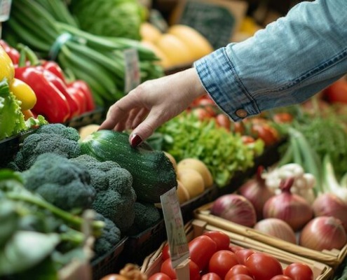 Frische Bio-Lebensmittel auf dem Markt. Hand greift nach frischem Gemüse auf dem Markt mit Zucchini, Brokkoli, Tomaten und Salat