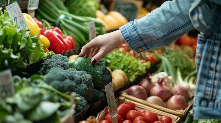 Frische Bio-Lebensmittel auf dem Markt. Hand greift nach frischem Gemüse auf dem Markt mit Zucchini, Brokkoli, Tomaten und Salat