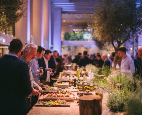 Nachhaltiges Catering bei einem Firmenevent, elegantes Buffet mit Bio-Lebensmitteln, saisonale Gerichte, stilvolle Dekoration, Gäste beim Netzwerken, warme stimmungsvolle Beleuchtung, viel Grün, umweltfreundliches Konzept, hochwertige Atmosphäre, modernes Event-Catering.