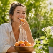 Junge Frau genießt frische Aprikosen im sommerlichen Garten, natürliche Lebensfreude, gesunde Ernährung im Alltag, authentische Person, warmes Tageslicht, frisches Obst in einer Schale,