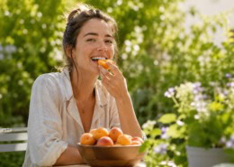 Junge Frau genießt frische Aprikosen im sommerlichen Garten, natürliche Lebensfreude, gesunde Ernährung im Alltag, authentische Person, warmes Tageslicht, frisches Obst in einer Schale,