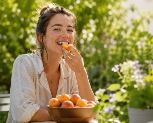 Junge Frau genießt frische Aprikosen im sommerlichen Garten, natürliche Lebensfreude, gesunde Ernährung im Alltag, authentische Person, warmes Tageslicht, frisches Obst in einer Schale,