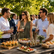 sommerfest _catering_münchen Sommerfest Catering in München mit Fingerfood, Mini-Burgern, Salaten und Gästen bei einer entspannten Firmenfeier im Freien.