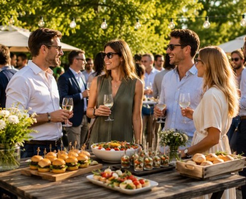 Sommerfest Catering in München mit Fingerfood, Mini-Burgern, Salaten und Gästen bei einer entspannten Firmenfeier im Freien.