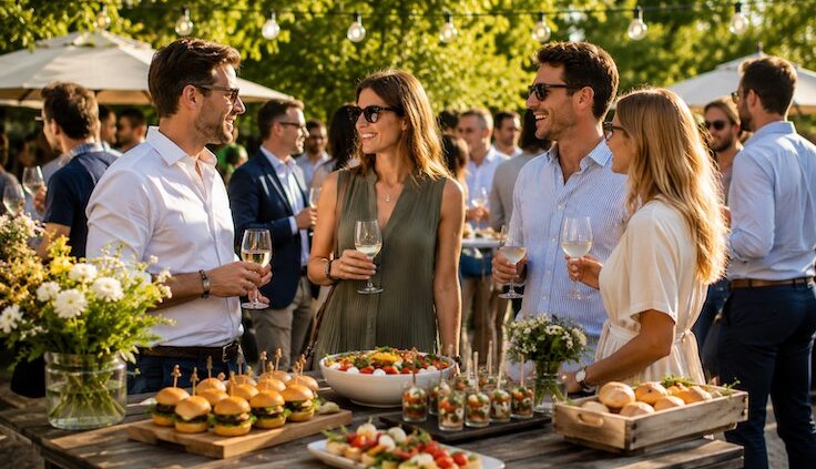 Sommerfest Catering in München mit Fingerfood, Mini-Burgern, Salaten und Gästen bei einer entspannten Firmenfeier im Freien.